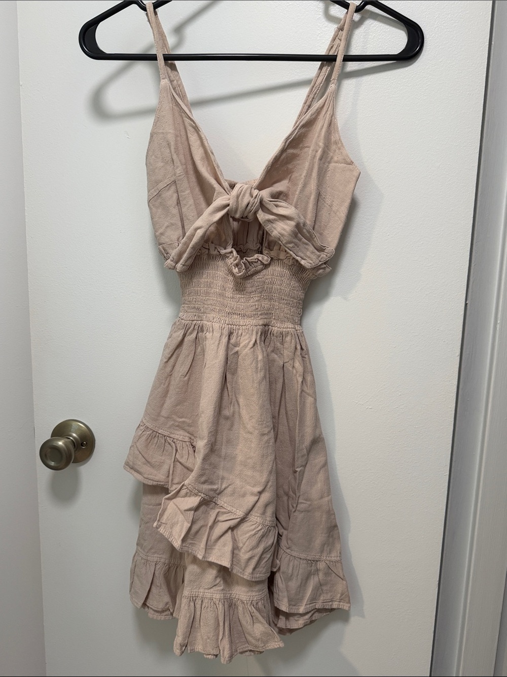 Smocked Waist Tie-Front Mini Dress in Soft Beige